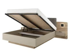 Letto matrimoniale contenitore 160x200 cm con comodini e LED in rovere e grigio pietra LLK14