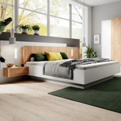 Letto matrimoniale contenitore con comodini e luci LED 160X200cm bianco e rovere LLK13
