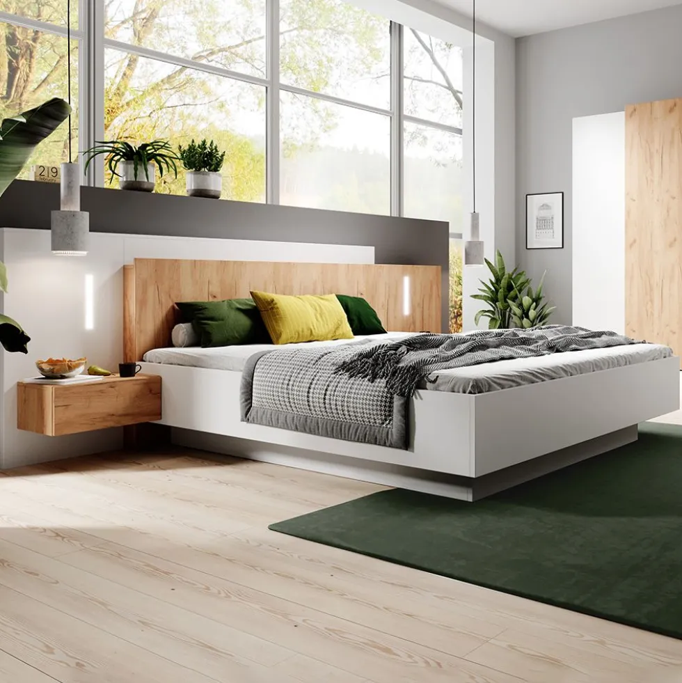 Letto matrimoniale contenitore con comodini e luci LED 160X200cm bianco e rovere LLK13