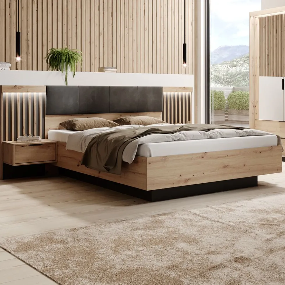 Letto matrimoniale contenitore 160X200cm rovere chiaro con dettagli neri LLK10