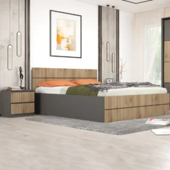 Letto matrimoniale contenitore moderno 160x200 cm in rovere cannettato e grafite LG75