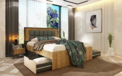 Letto matrimoniale 160x200 cm con testiera imbottita e cassetti rovere scuro, beige e grafite LU47