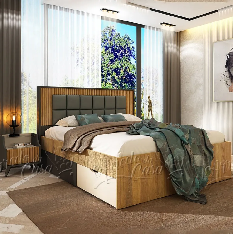 Letto matrimoniale 160x200 cm con testiera imbottita e cassetti rovere scuro, beige e grafite LU47