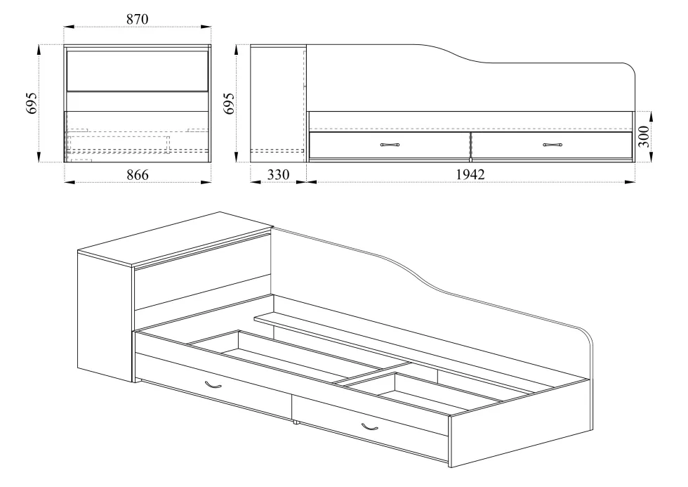 Letto singolo con due cassetti 82x190 LI 2005