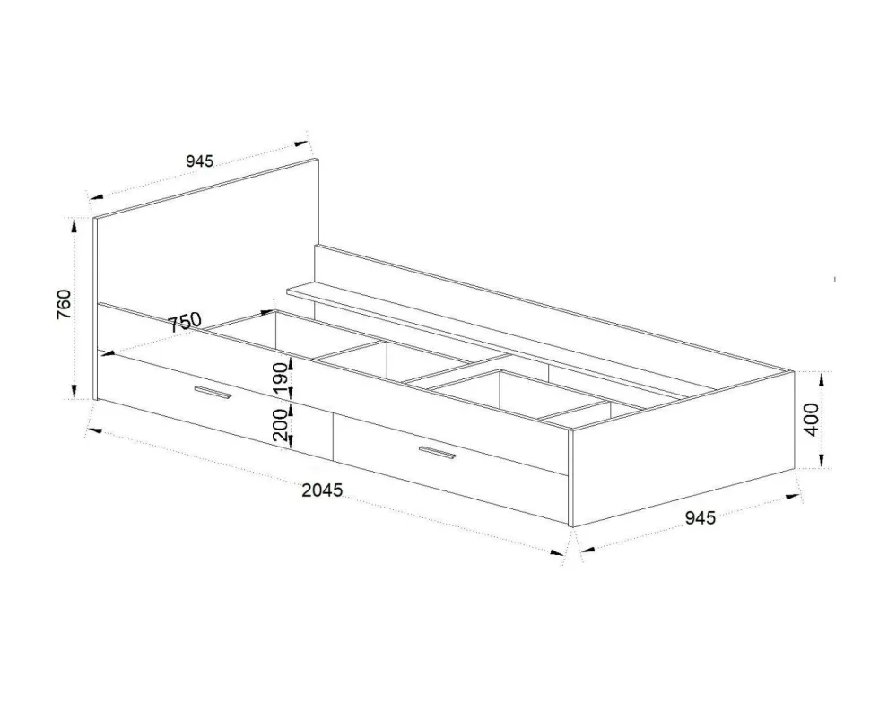 Letto singolo effetto legno e antracite con cassetti 90x200 LI35