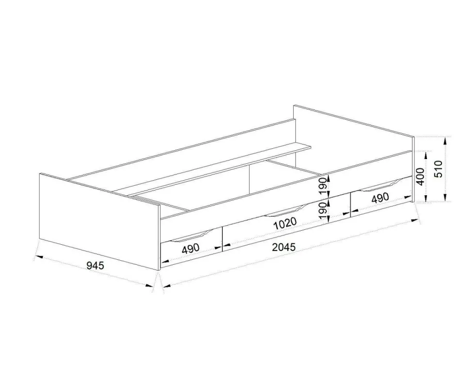 Letto singolo moderno con tre cassetti rovere chiaro 90x200 LI36