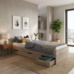Letto singolo moderno con tre cassetti rovere chiaro 90x200 LI36