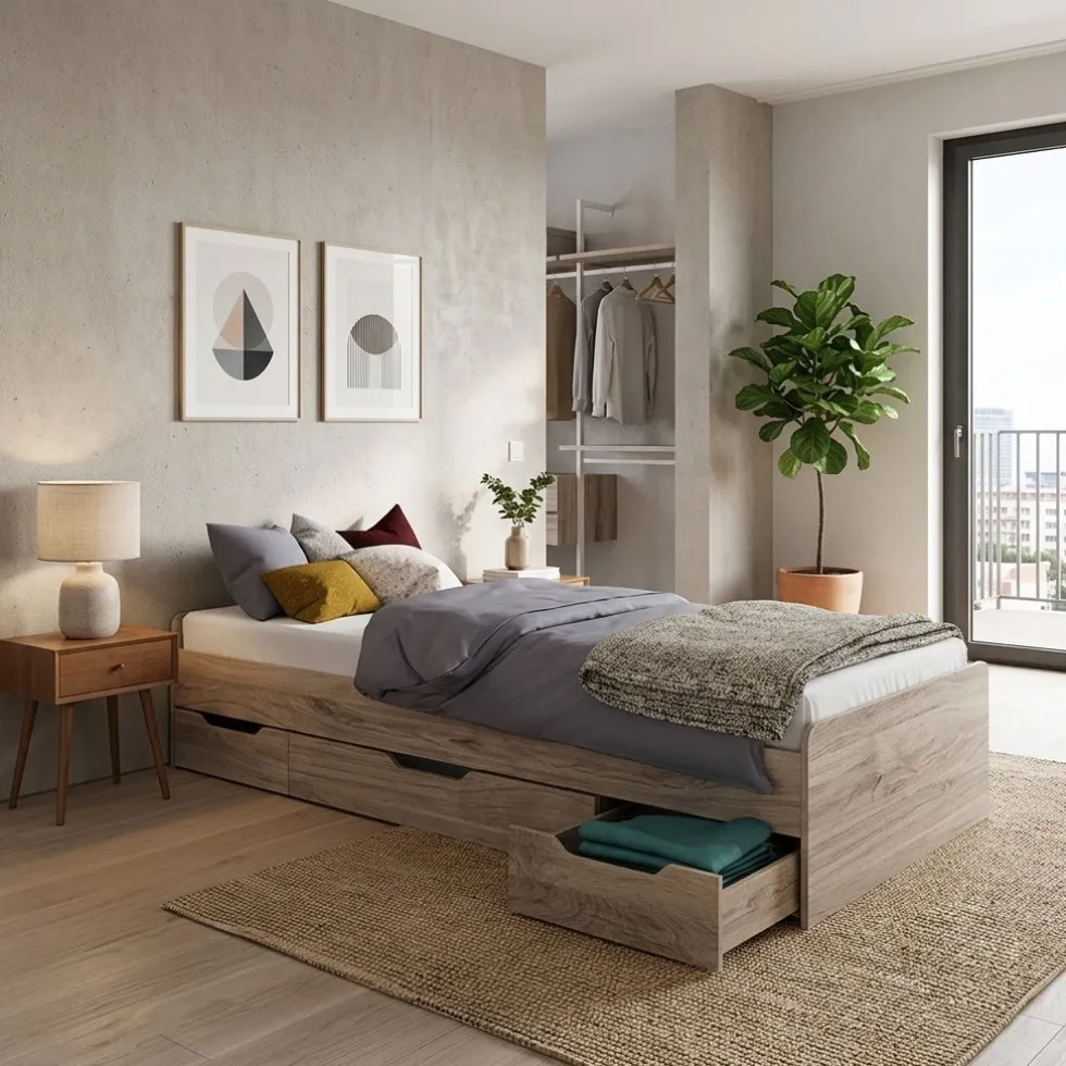 Letto singolo moderno con tre cassetti rovere chiaro 90x200 LI36