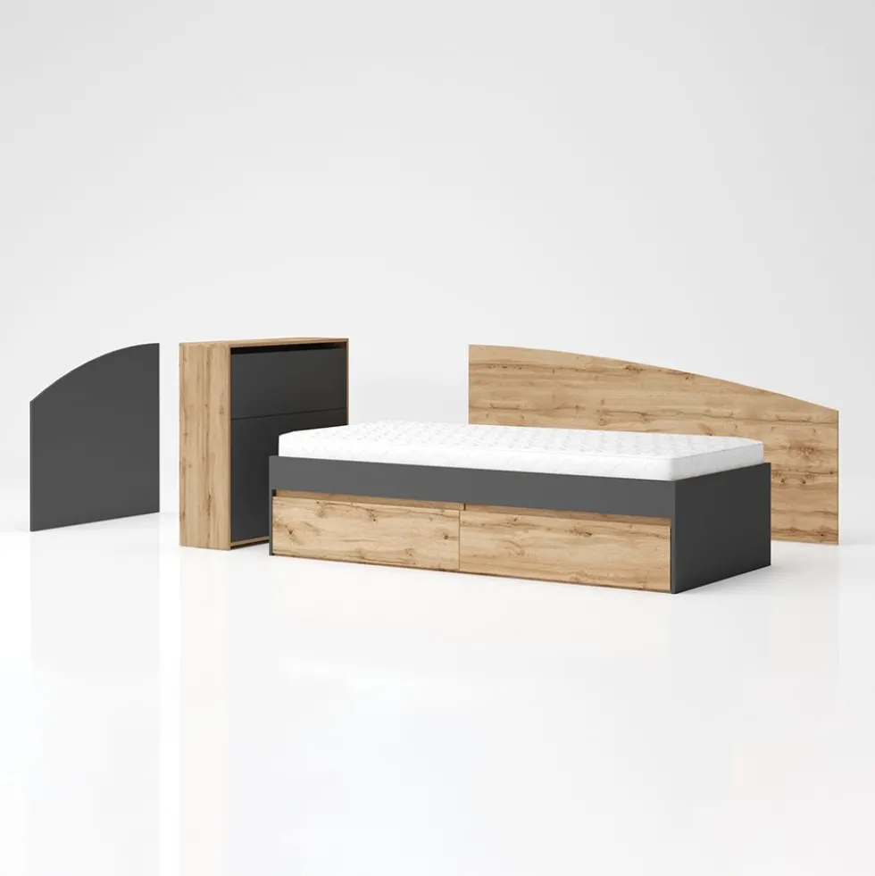 Letto singolo moderno 90x200 rovere e antracite LG61