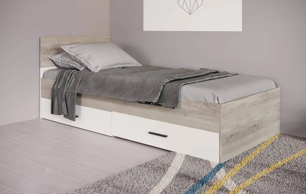 Letto singolo 90x200cm con cassetti rovere e bianco LI28