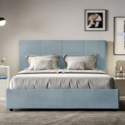 Letto 140x210cm alla francese con giroletto in microfibra azzurro LIT297