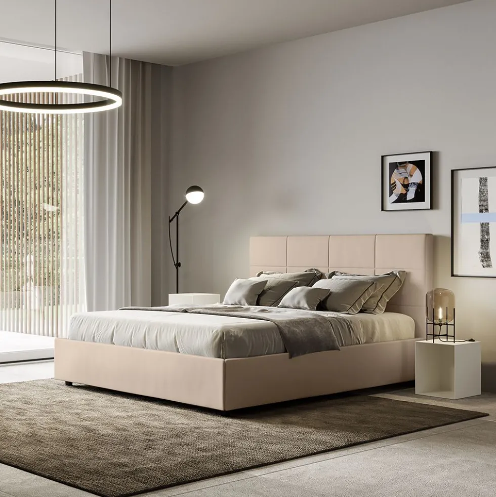 Letto 140x190cm alla francese con giroletto in similpelle tortora LIT287
