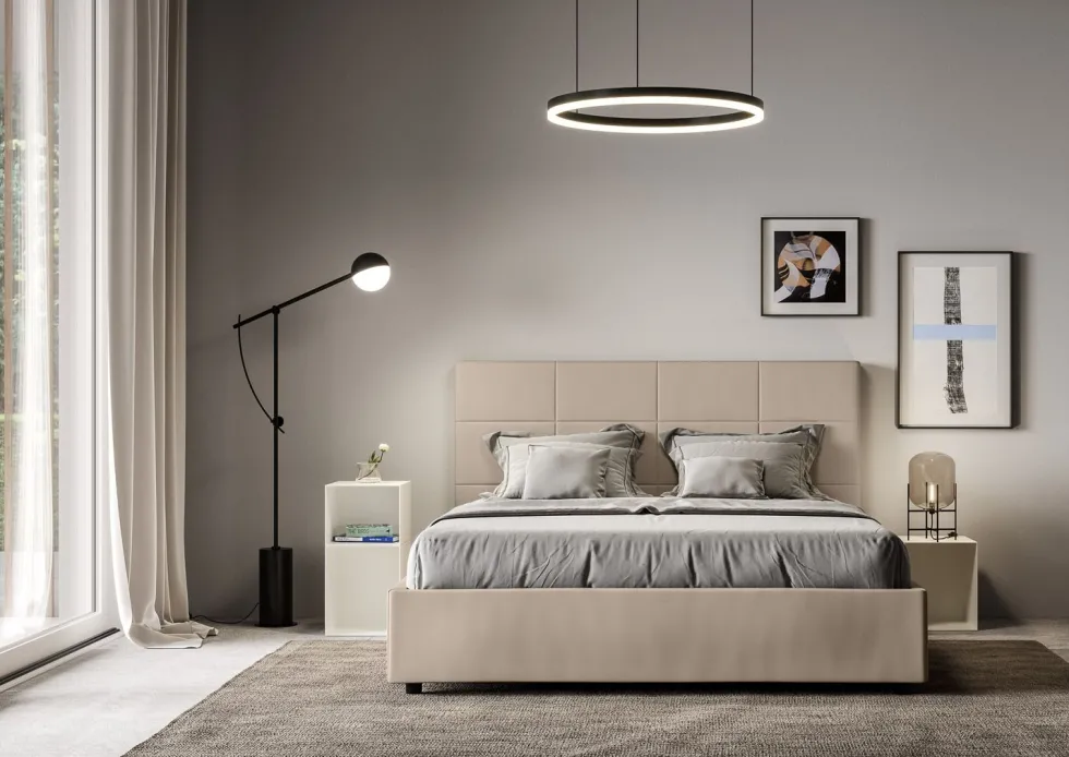 Letto 140x190cm alla francese con giroletto in similpelle tortora LIT287