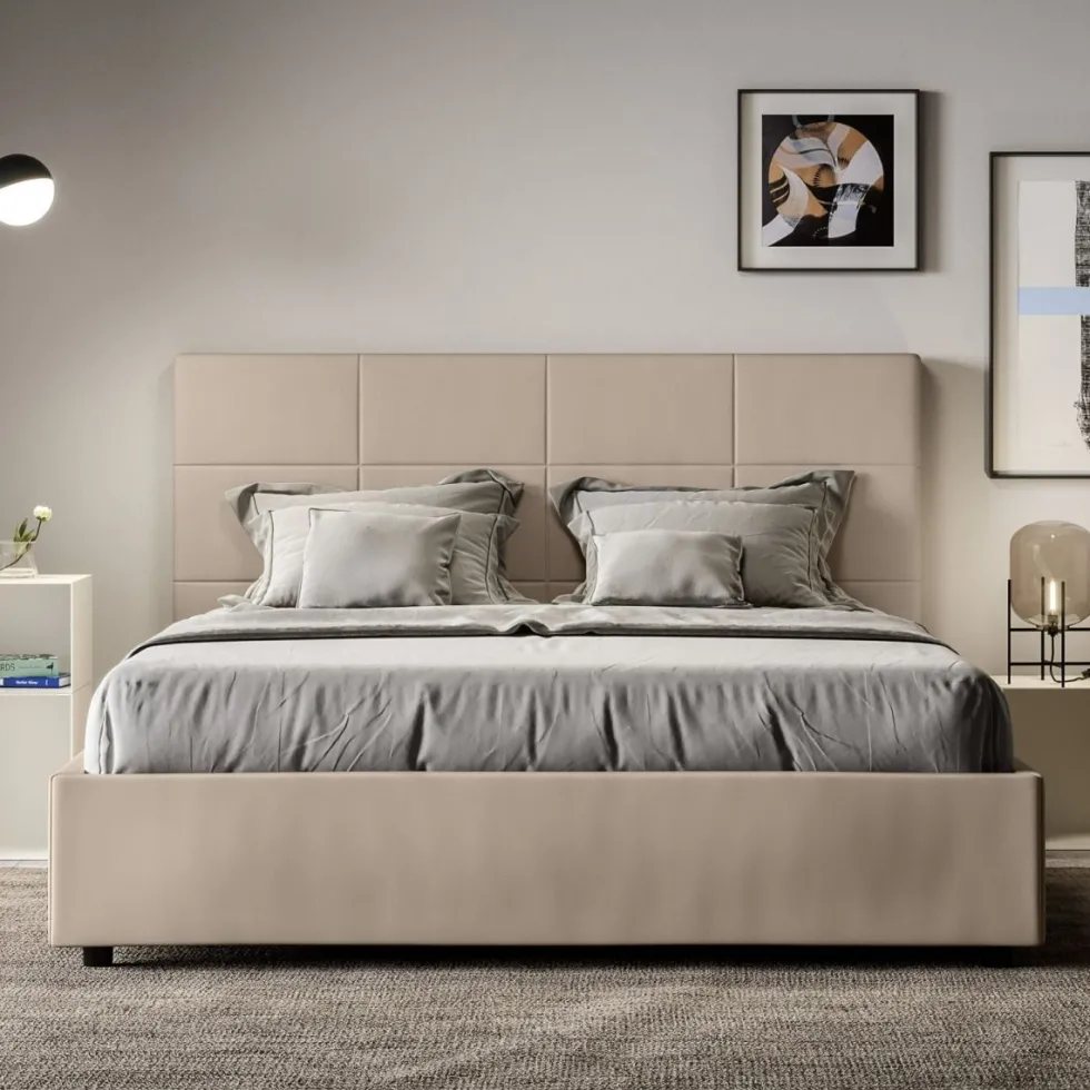 Letto 140x190cm alla francese con giroletto in similpelle tortora LIT287