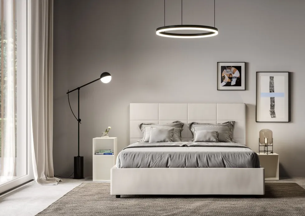 Letto 140x190cm alla francese con giroletto in similpelle bianco LIT287