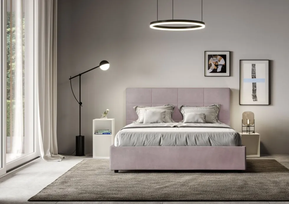 Letto 140x190cm alla francese con giroletto in microfibra glicine lilla LIT289
