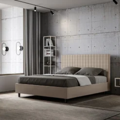 Letto 140x190cm alla francese con testiera a quadretti in similpelle tortora LIT305
