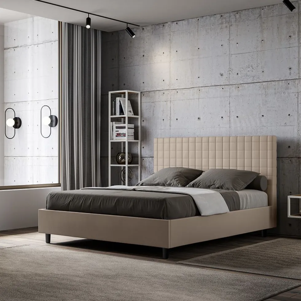 Letto 140x190cm alla francese con testiera a quadretti in similpelle tortora LIT305