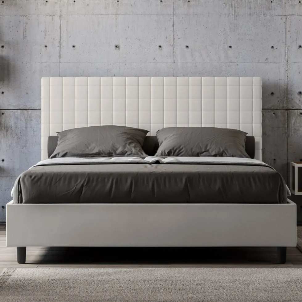 Letto 140x190cm alla francese con testiera a quadretti in similpelle bianco LIT305