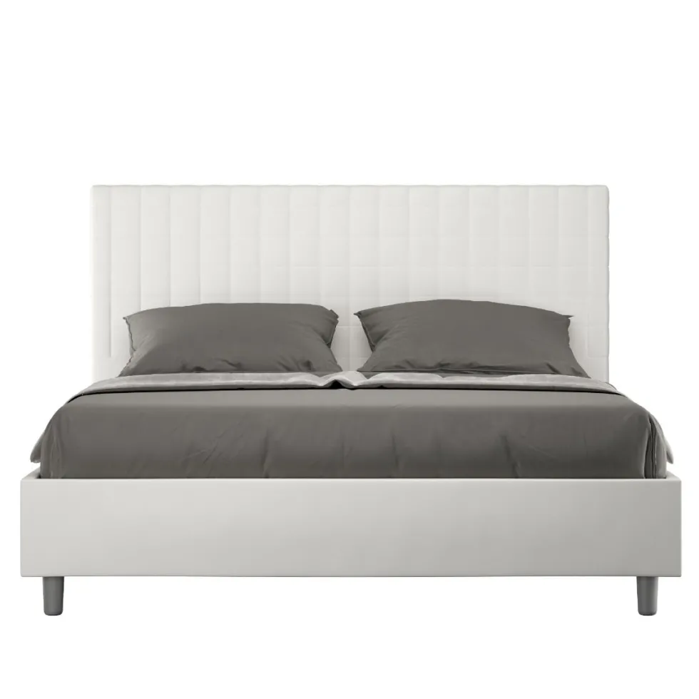 Letto 140x190cm alla francese con testiera a quadretti in similpelle bianco LIT305