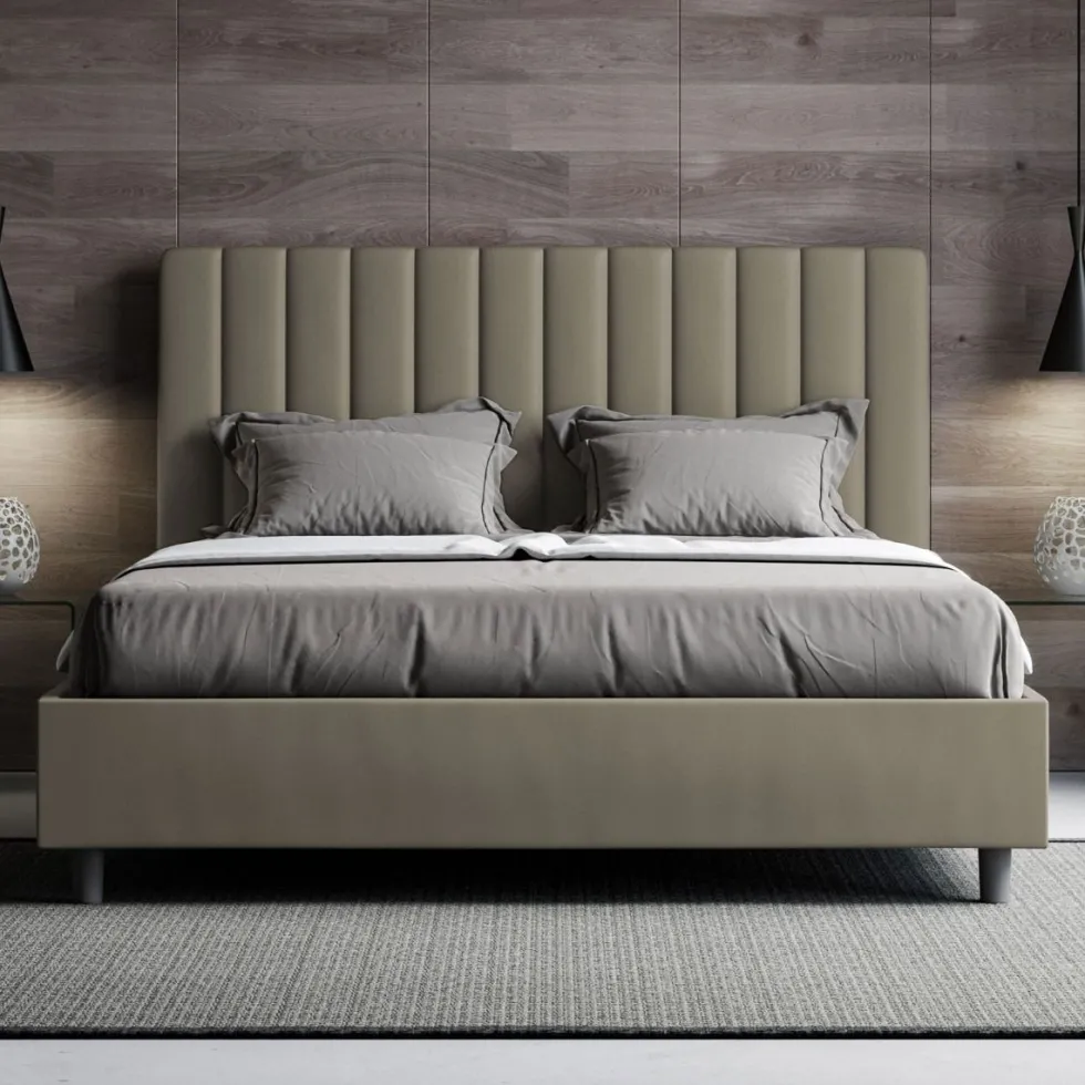 Letto 140x210cm alla francese con testiera trapuntata in similpelle cappuccino LIT331