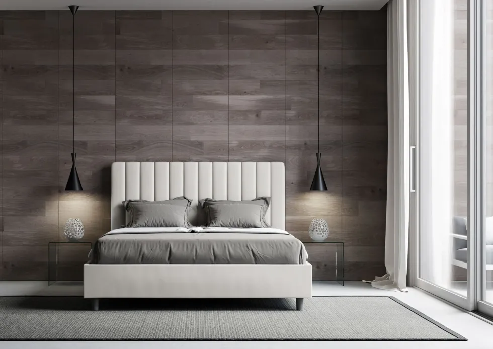 Letto 140x210cm alla francese con testiera trapuntata in similpelle bianco LIT331