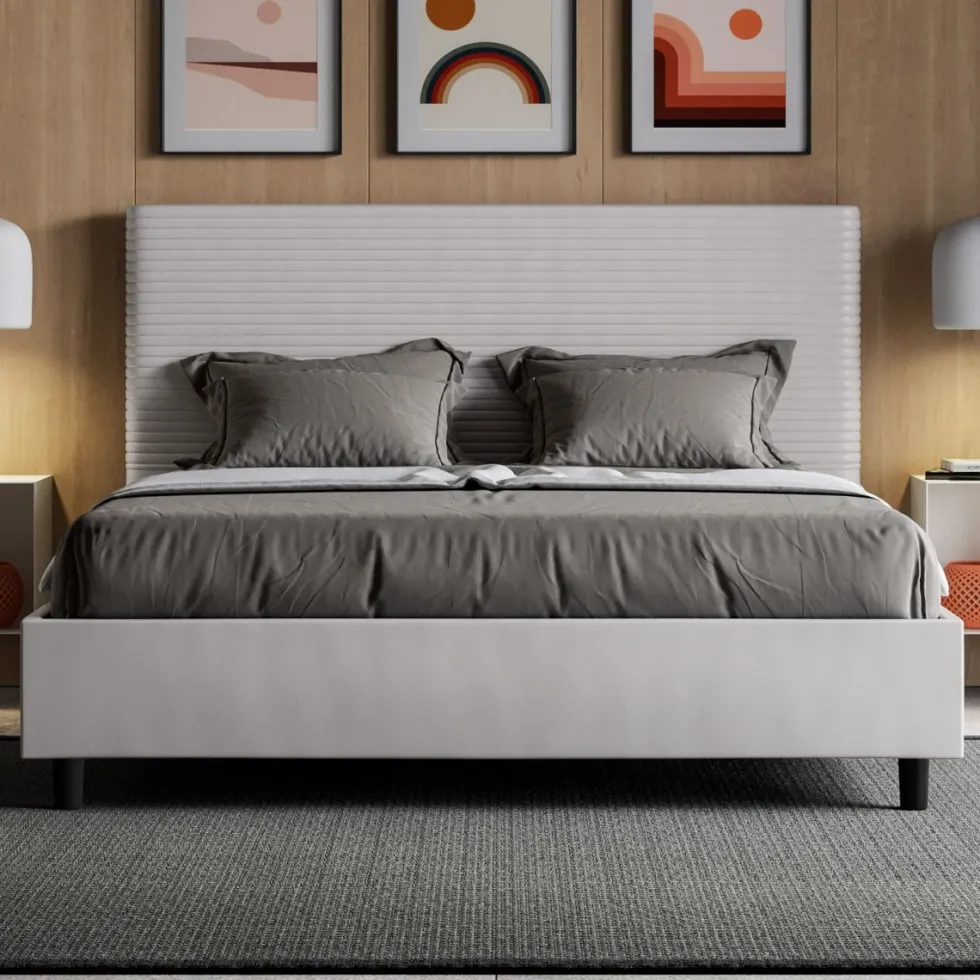 Letto 140x190cm alla francese con testiera trapuntata bianco LIT299