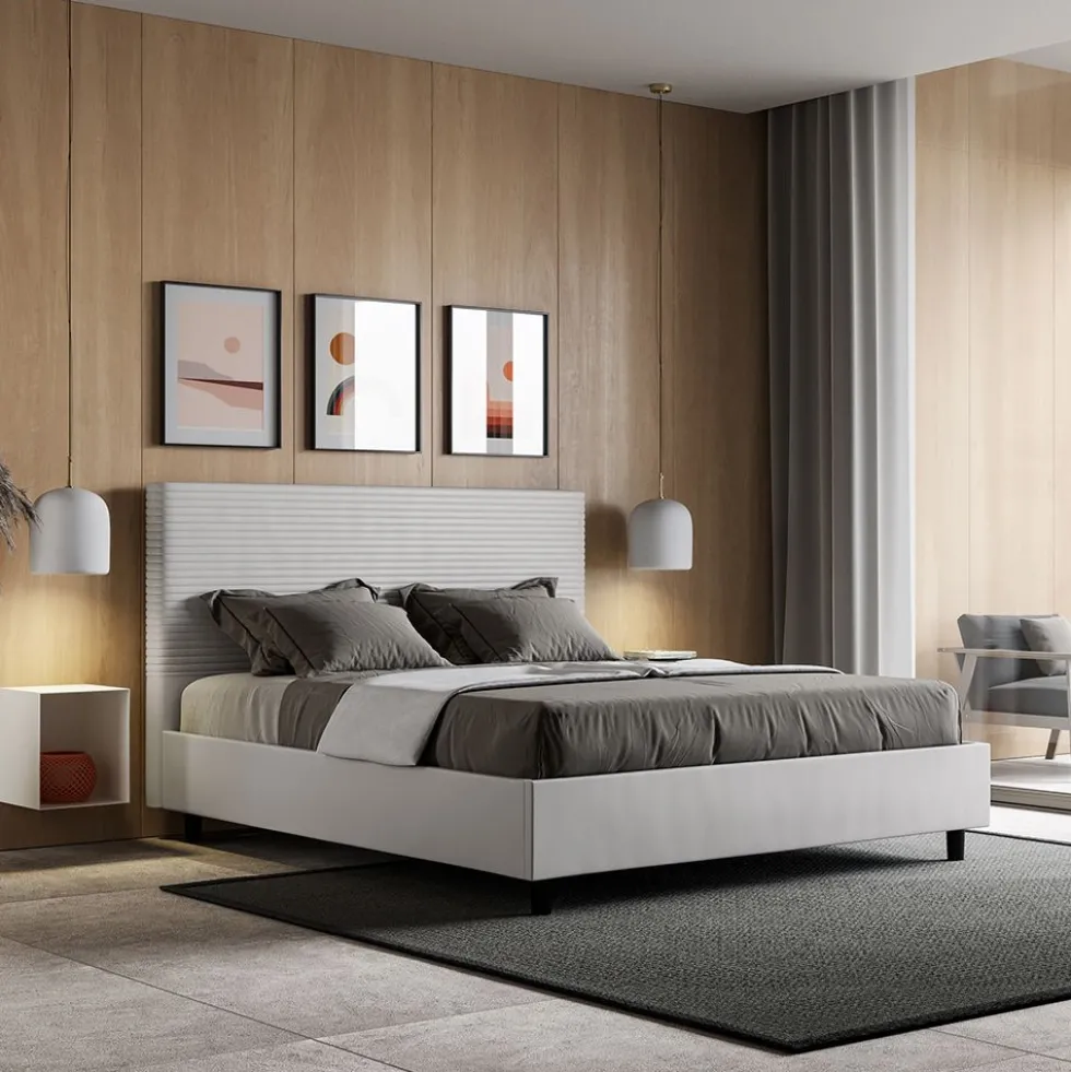 Letto 140x190cm alla francese con testiera trapuntata bianco LIT299