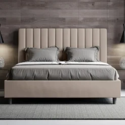 Letto 140x190cm alla francese con testiera trapuntata in similpelle tortora LIT323