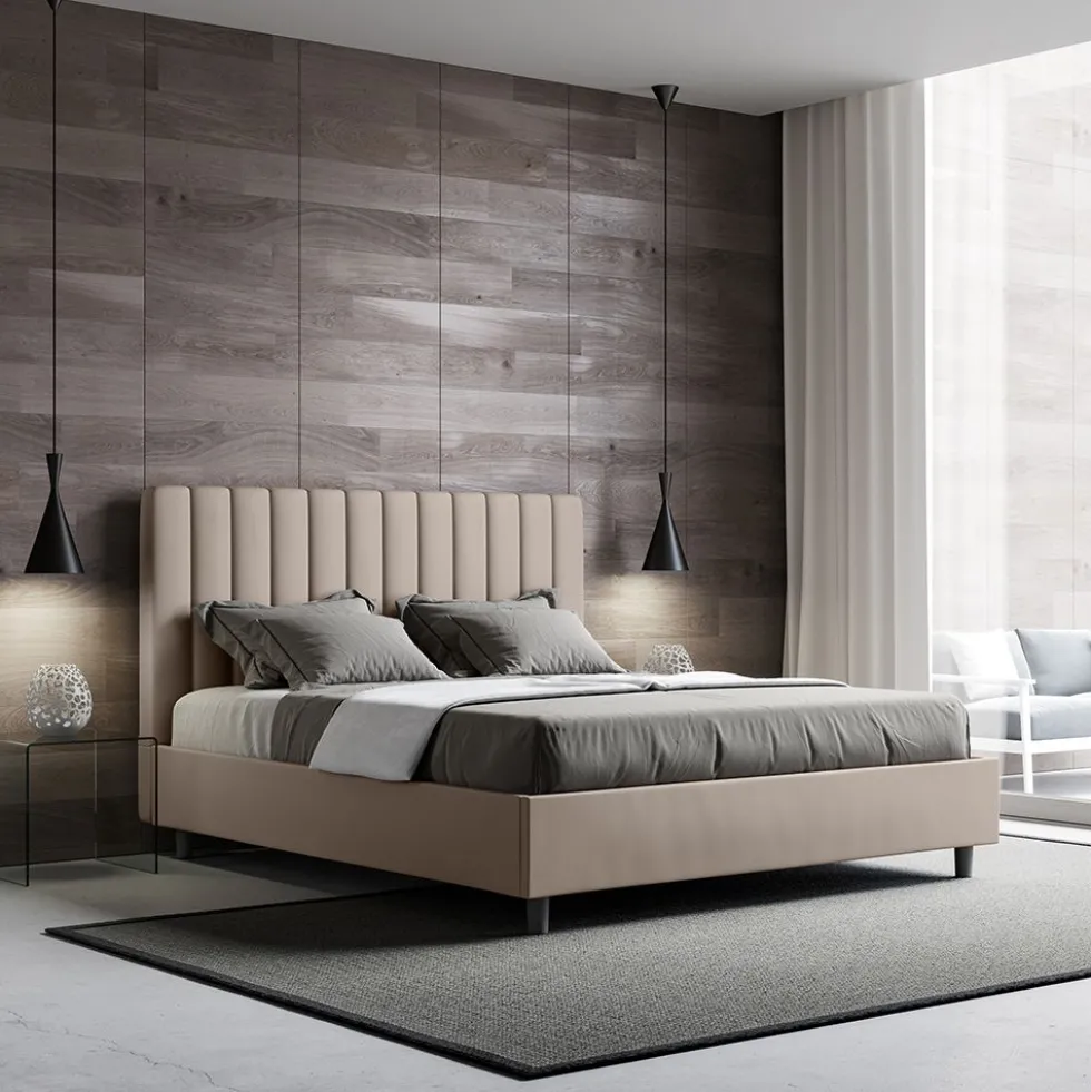 Letto 140x190cm alla francese con testiera trapuntata in similpelle tortora LIT323