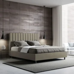 Letto 140x190cm alla francese con testiera trapuntata in similpelle cappuccino LIT323