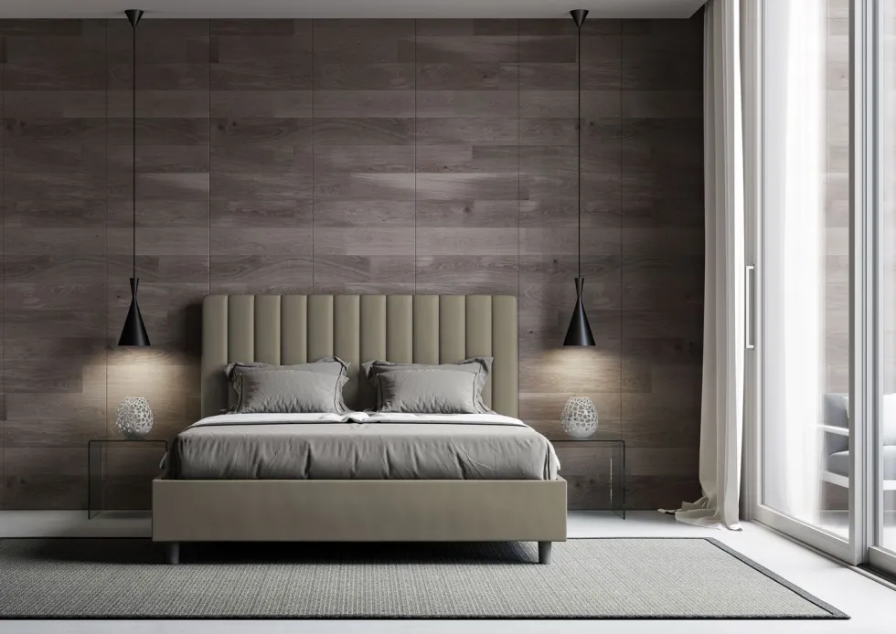 Letto 140x190cm alla francese con testiera trapuntata in similpelle cappuccino LIT323