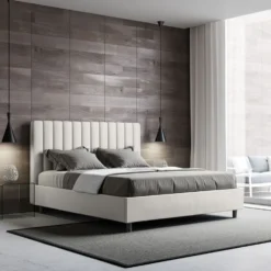 Letto 140x190cm alla francese con testiera trapuntata in similpelle bianco LIT323