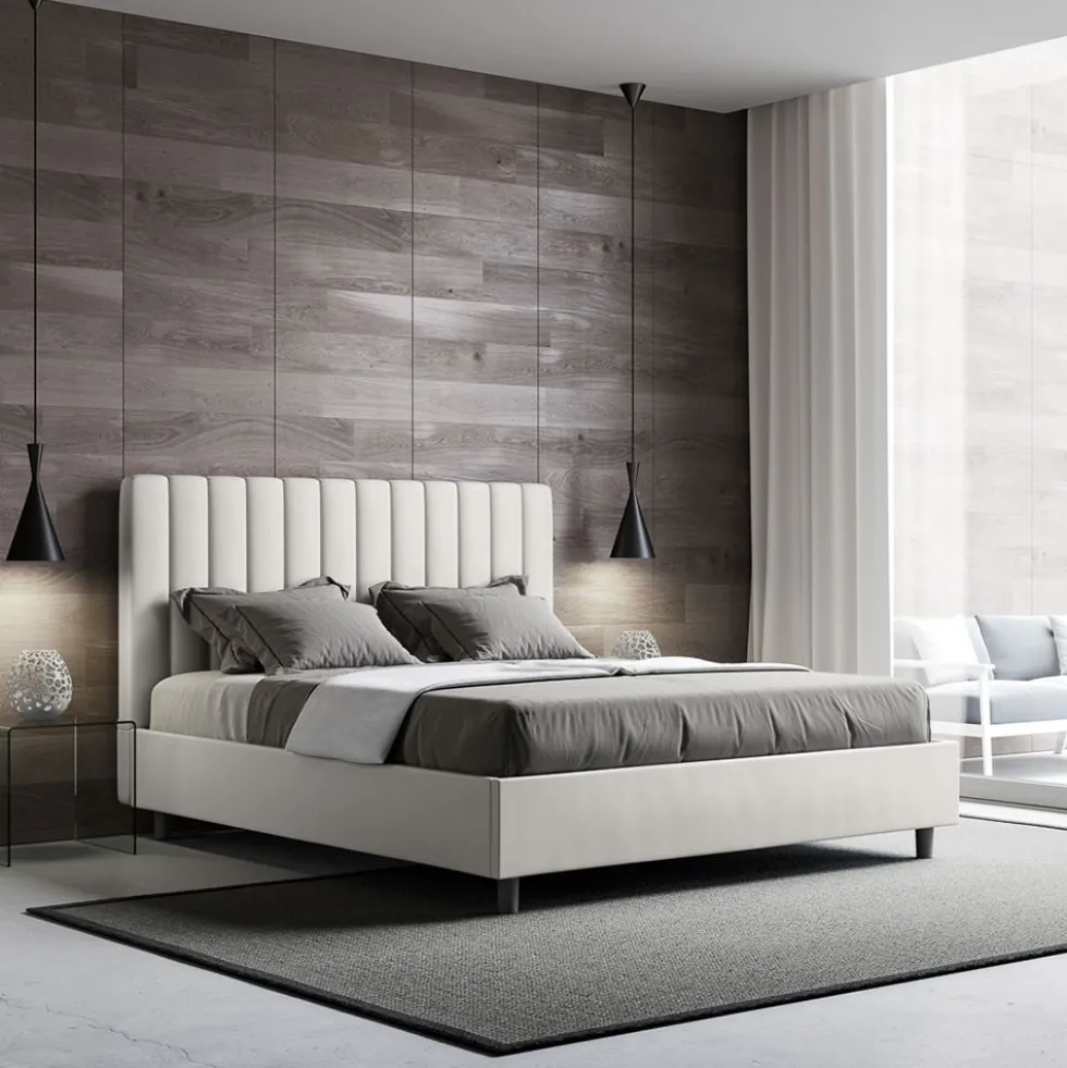 Letto 140x190cm alla francese con testiera trapuntata in similpelle bianco LIT323