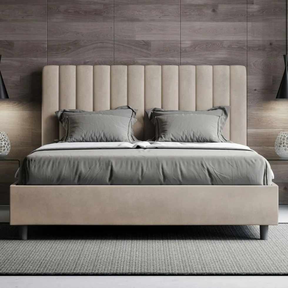 Letto 140x190cm alla francese con testiera trapuntata in microfibra sabbia beige LIT325