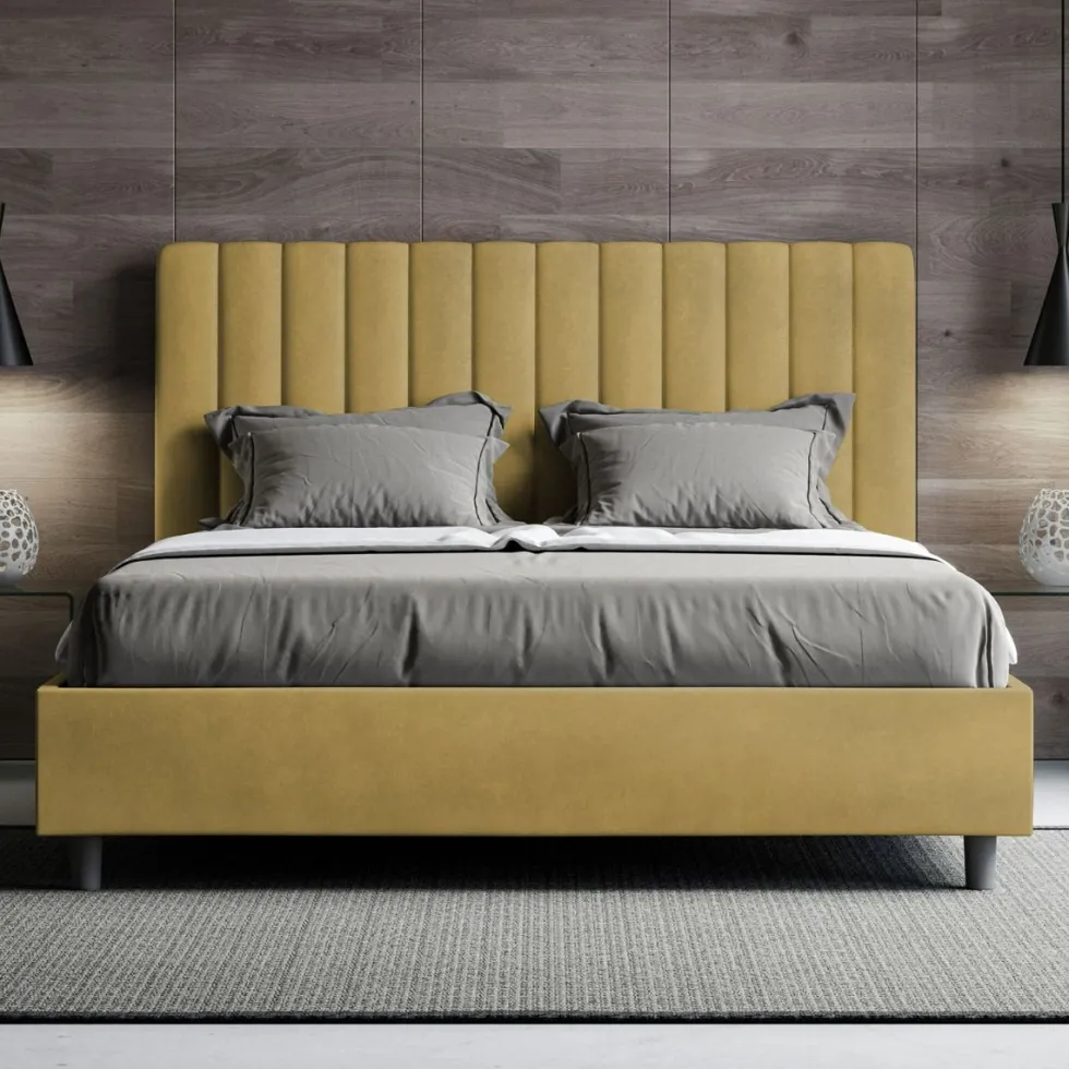 Letto 140x190cm alla francese con testiera trapuntata in microfibra ocra LIT325