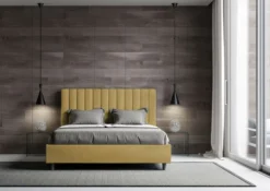 Letto 140x190cm alla francese con testiera trapuntata in microfibra ocra LIT325