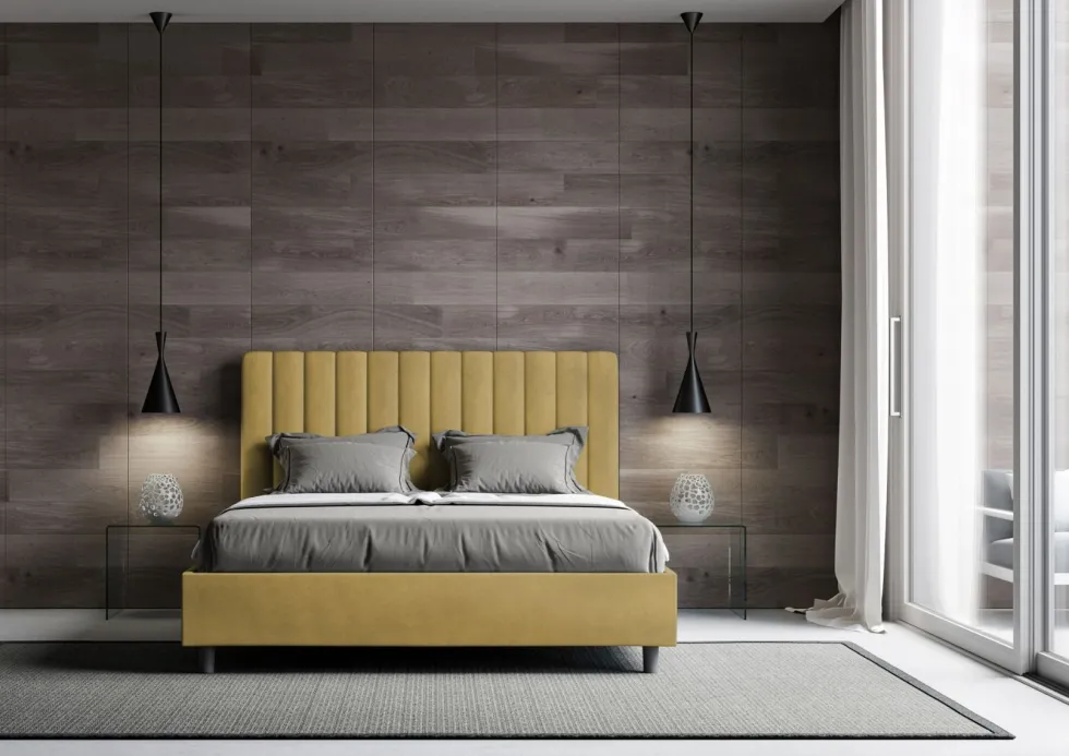 Letto 140x190cm alla francese con testiera trapuntata in microfibra ocra LIT325