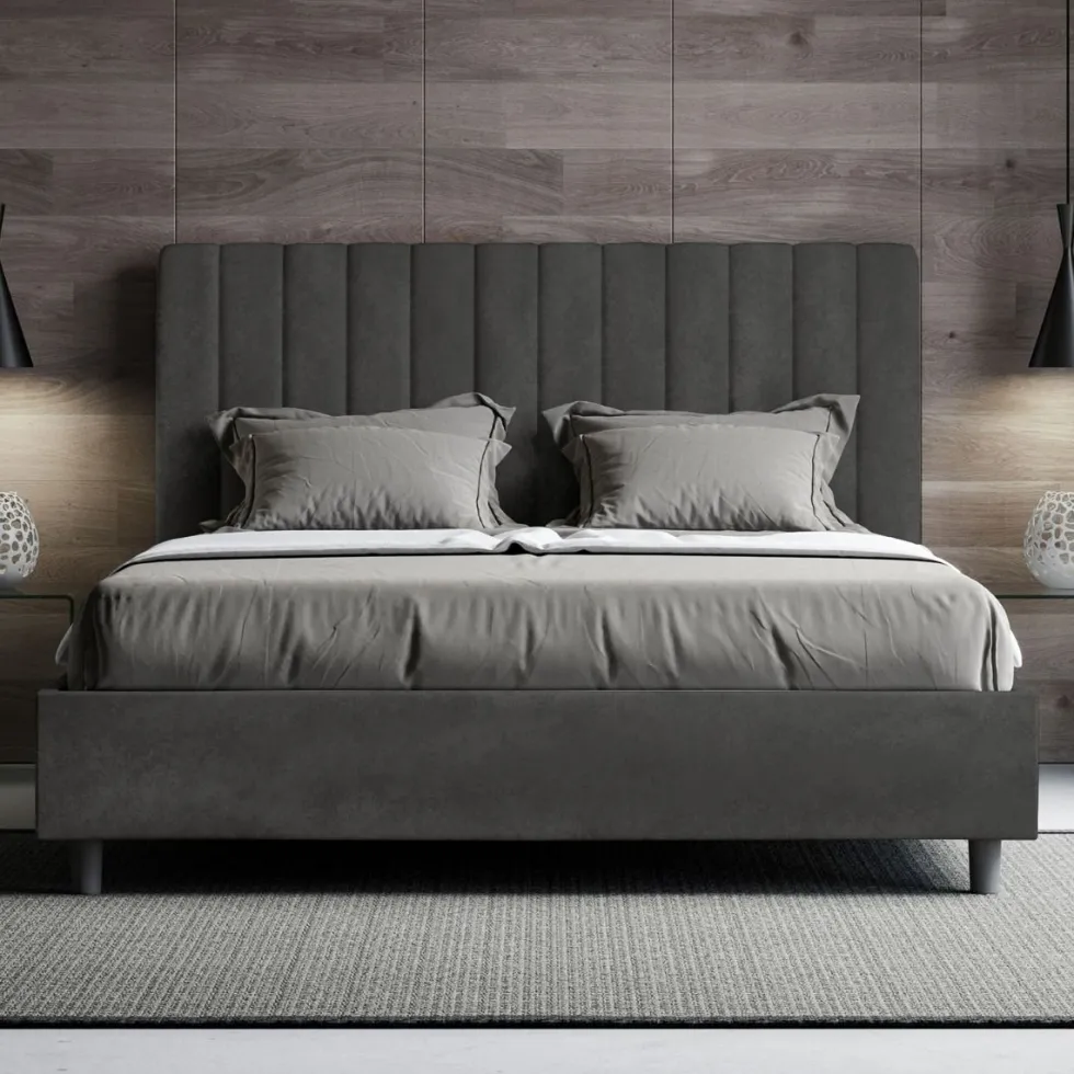 Letto 140x190cm alla francese con testiera trapuntata in microfibra grigio LIT325