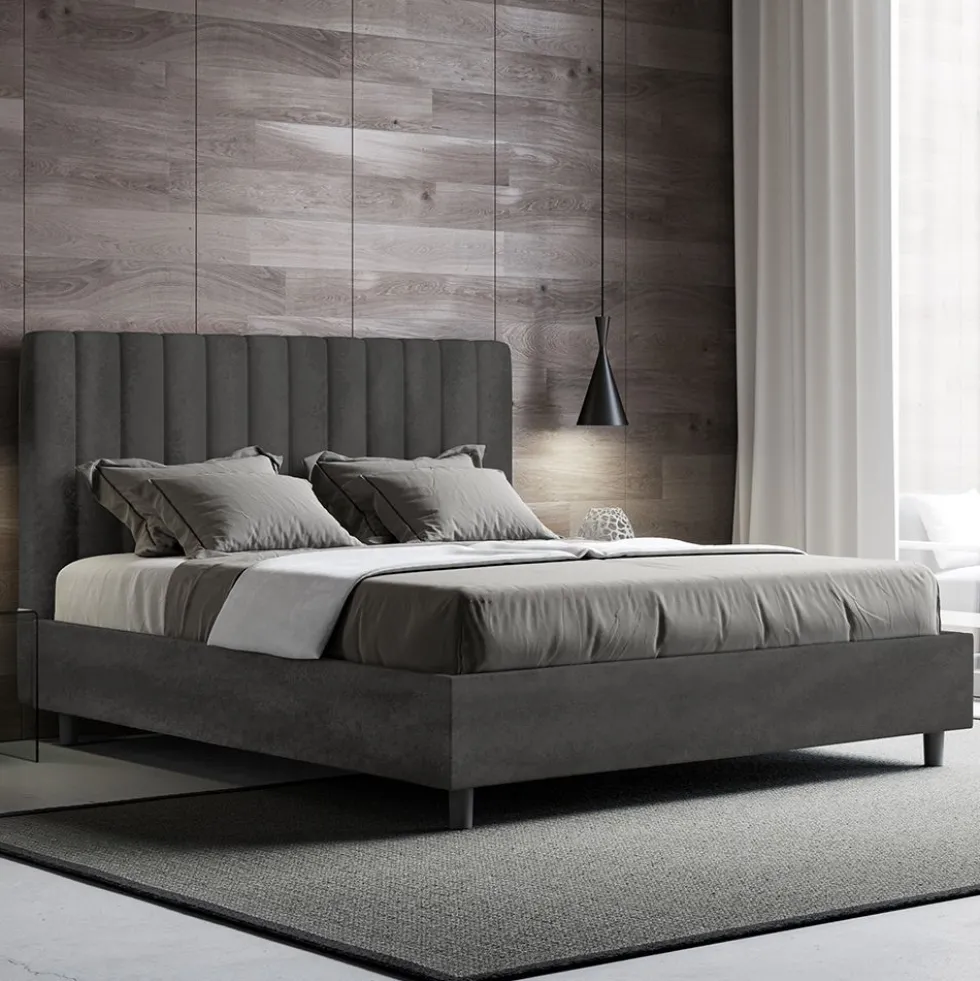 Letto 140x190cm alla francese con testiera trapuntata in microfibra grigio LIT325
