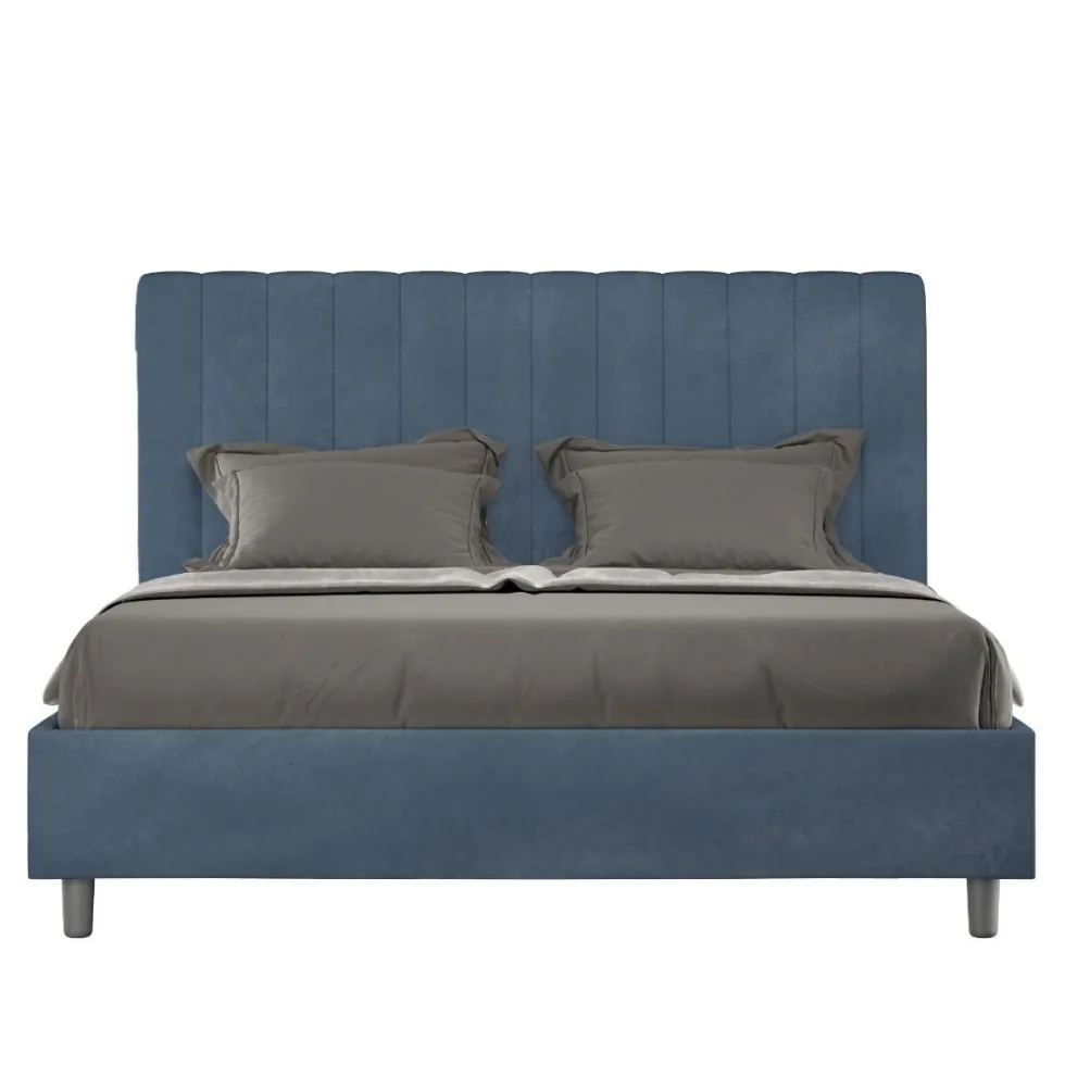 Letto 140x190cm alla francese con testiera trapuntata in microfibra blu LIT325