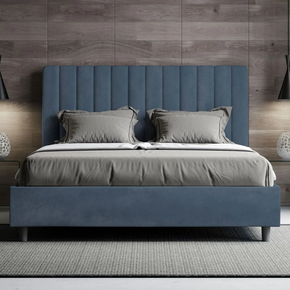 Letto 140x190cm alla francese con testiera trapuntata in microfibra blu LIT325