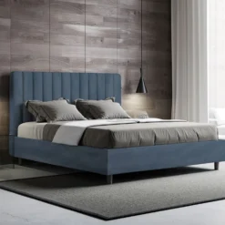 Letto 140x190cm alla francese con testiera trapuntata in microfibra blu LIT325