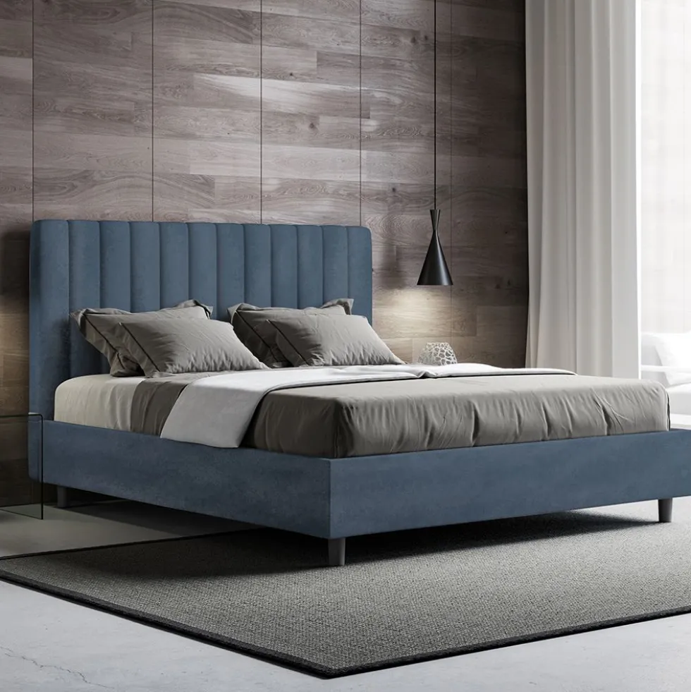Letto 140x190cm alla francese con testiera trapuntata in microfibra blu LIT325
