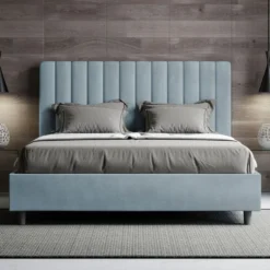 Letto 140x190cm alla francese con testiera trapuntata in microfibra azzurro LIT325