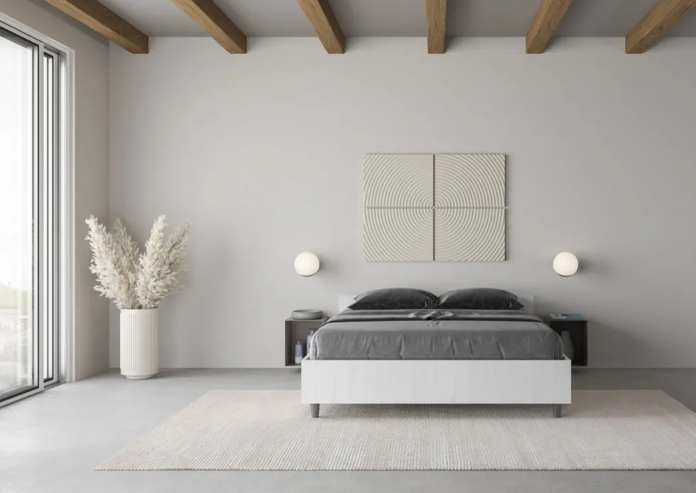 Letto 140x190cm alla francese con testiera effetto legno bianco frassino LIT335