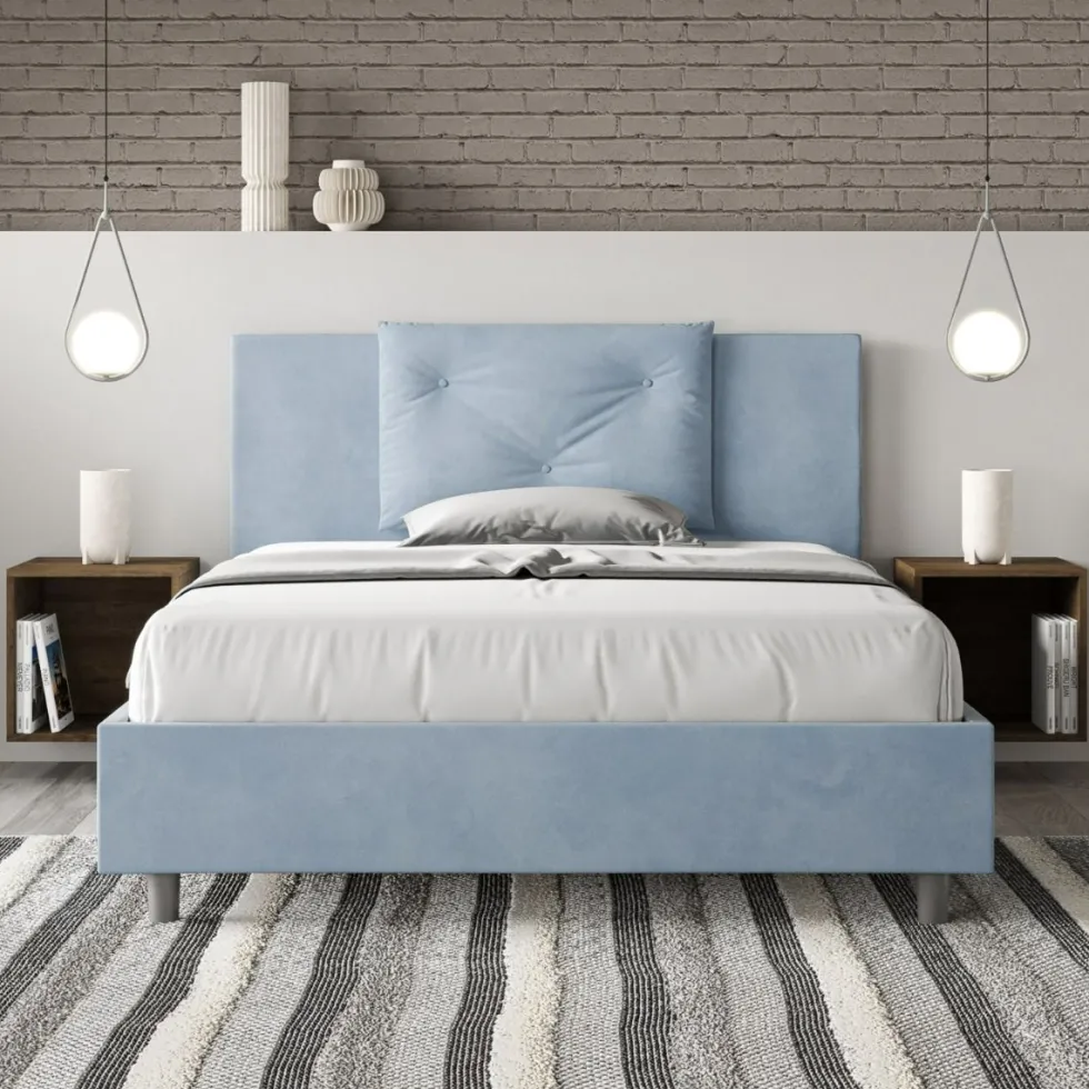 Letto 140x210cm alla francese con tre bottoni in microfibra azzurro LIT285