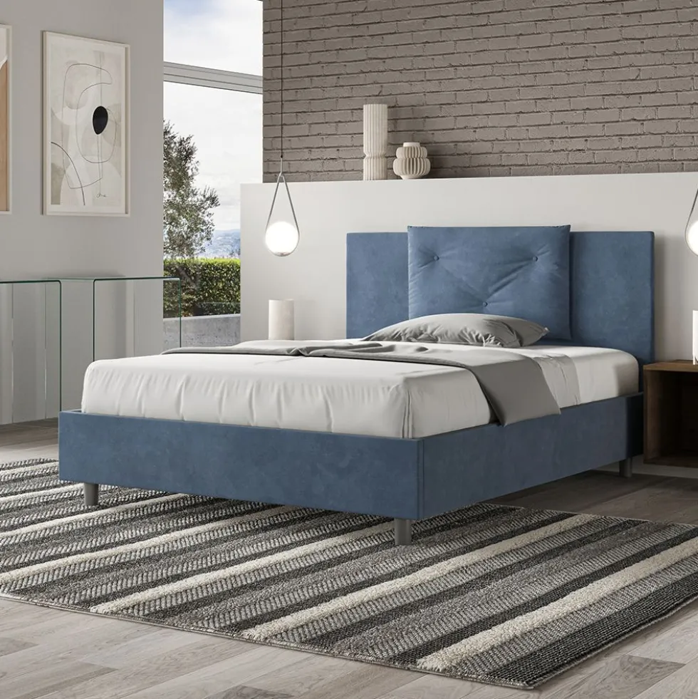 Letto 140x190cm alla francese con tre bottoni in microfibra blu LIT281