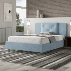 Letto 140x190cm alla francese con tre bottoni in microfibra azzurro LIT281