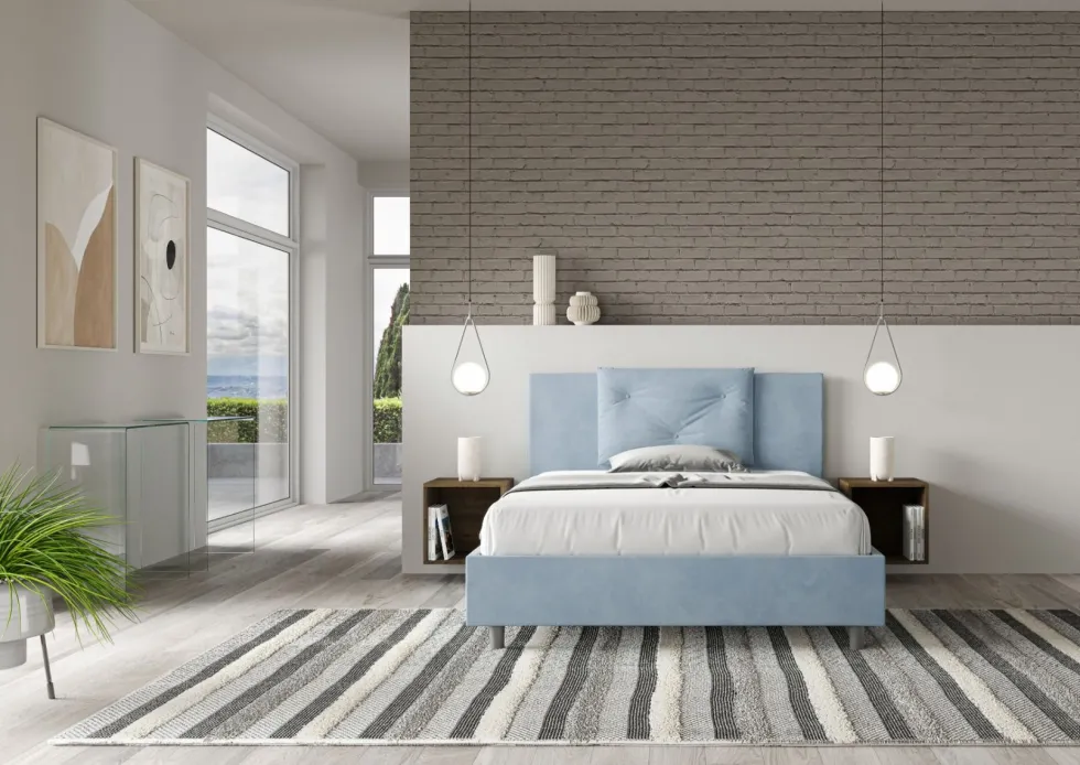 Letto 140x190cm alla francese con tre bottoni in microfibra azzurro LIT281